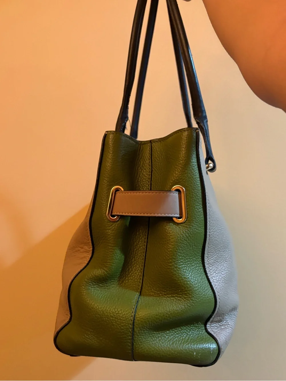 COACH leather colorblock handbag in olive/taupe/black